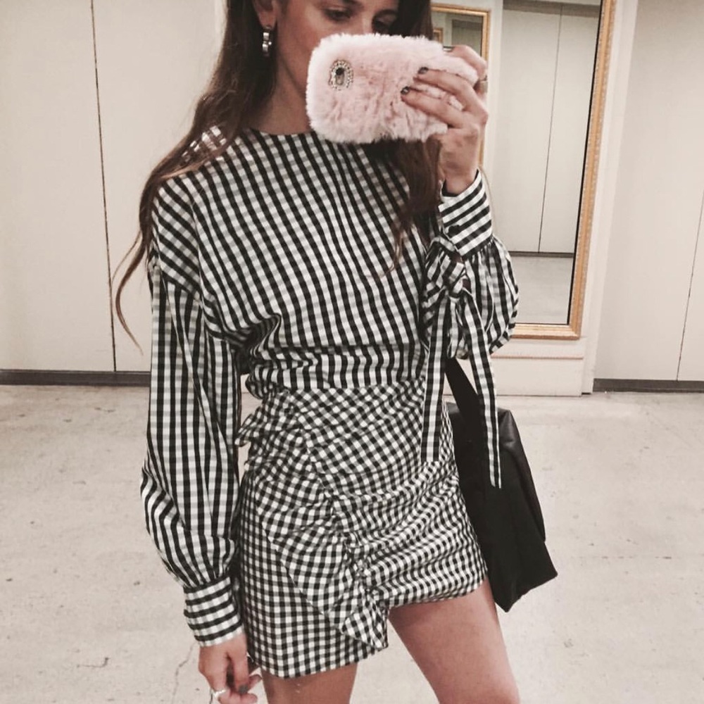 Zara gingham poplin tie sleeve blouse